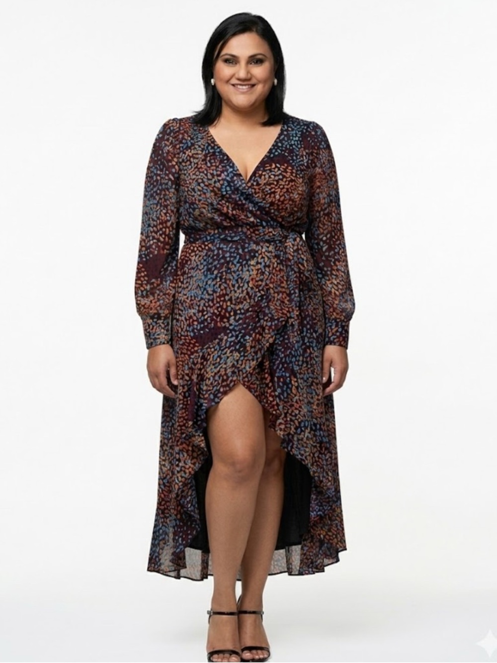 Express Wrap High-Low Dress in Burgundy, Blue and Rust